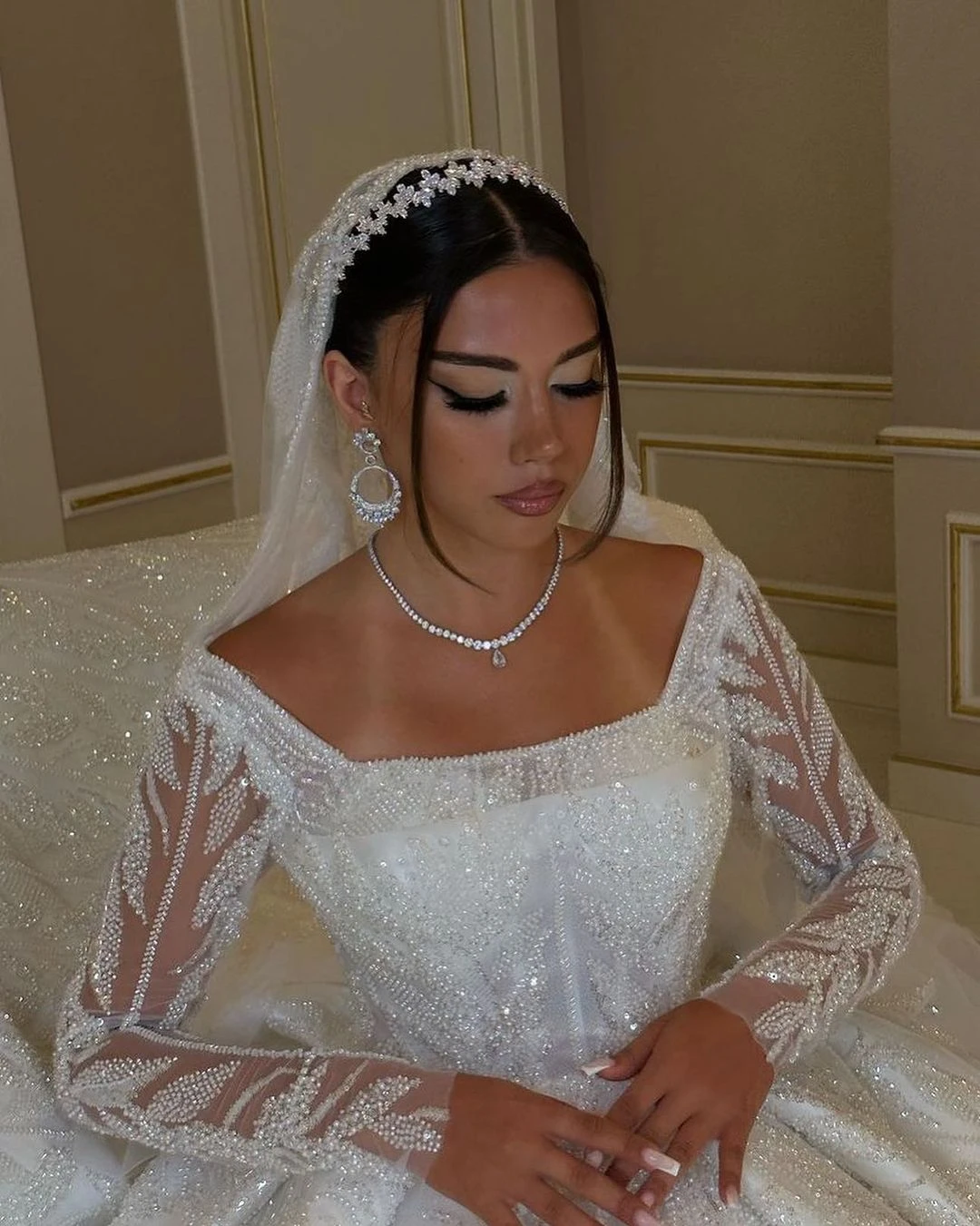 Customized Off The Shoulder Sparkly Heavy Crystals Beads Mermaid Wedding Dress Plus Size Organza Cascading Ruffles  Bridal Gown