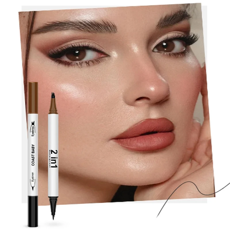 Pro 2IN1 Dual Ended Waterproof 4 Fork Tip Eyebrow Eyeliner Pen Long Lasting Natural Brown Liquid Eye Brow Black Eye Liner Pencil