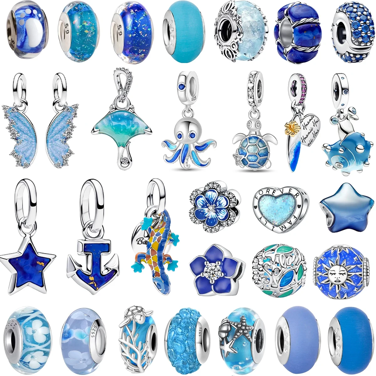 Pingentes Originais de Prata Esterlina 925 com Charms Azuis de Vidro Murano em Forma de Estrela e Polvo para Pulseiras e Colares, Presente de Joias DIY para Mulheres