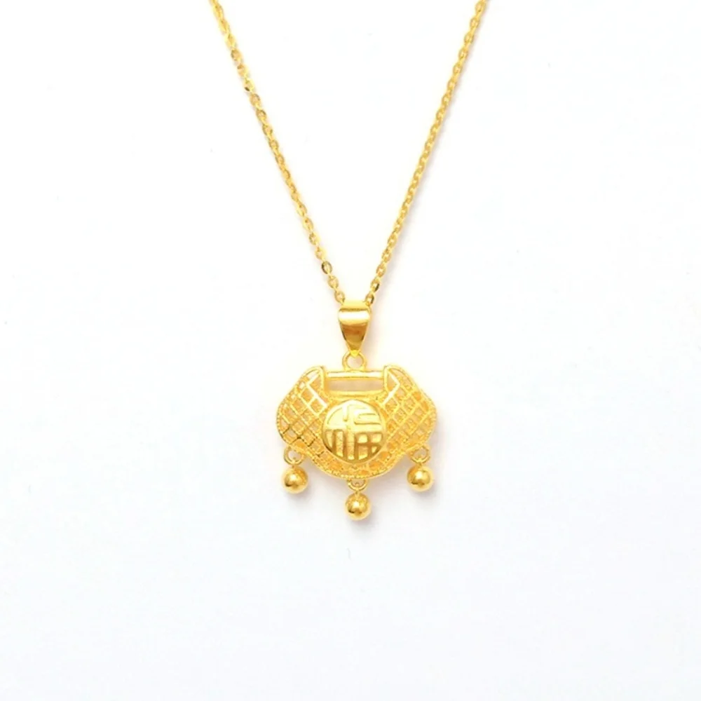 Real Pure 18K Yellow Gold Lucky Men Women Gift Hollow Characters Fu Lock Bag Pendant 2.05g