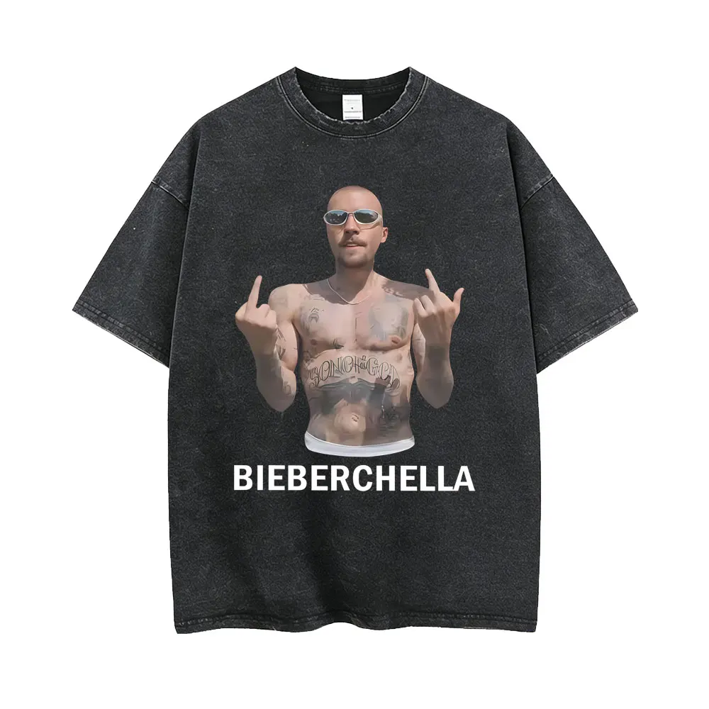 

New Justin Bieber Middle Finger Vintage Washed T-shirt Coachella 2026 Merch T-shirts Men Women Hip Hop Fashion Popular T Shirts