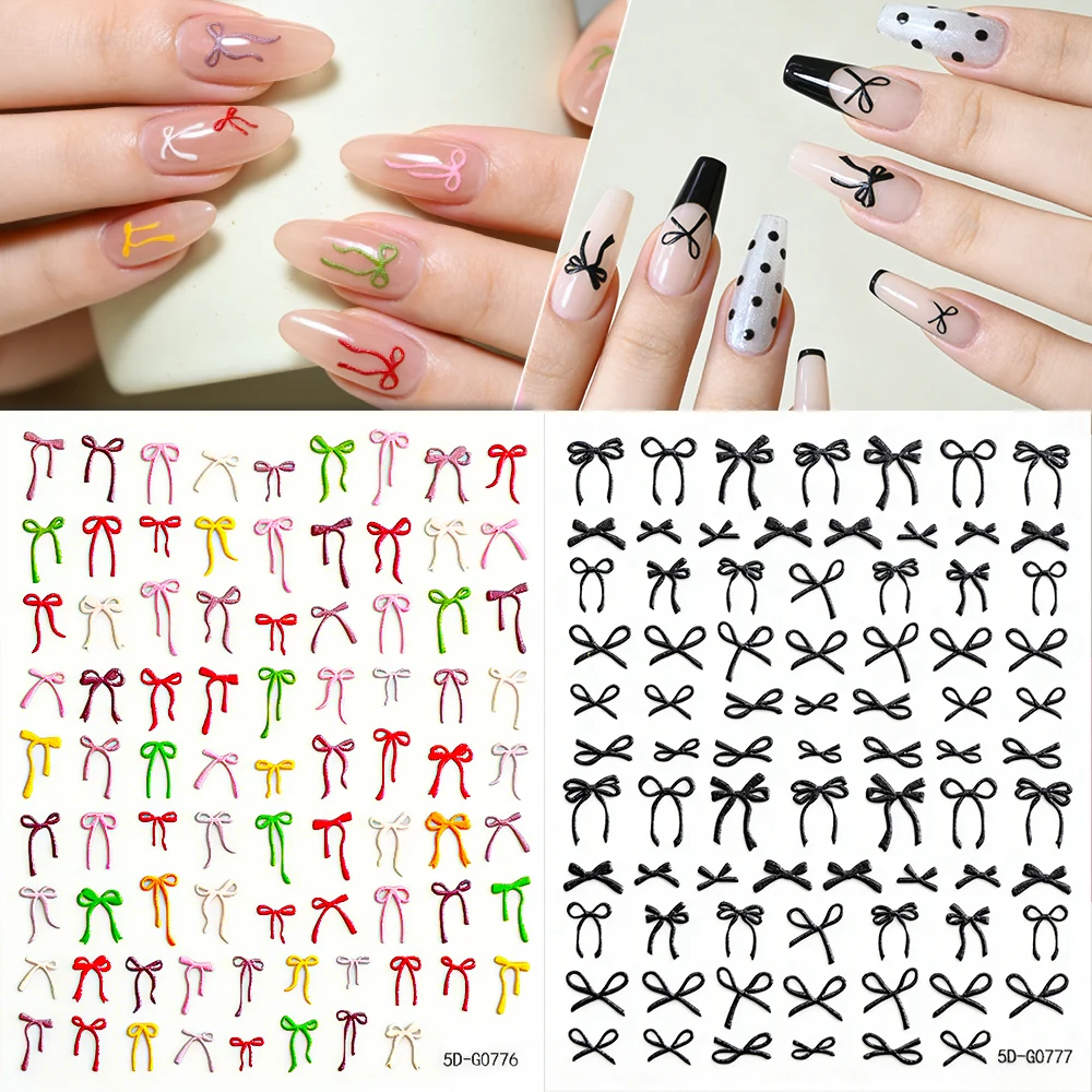 1/2 Stück 5D Relief Bunte Schleifen-Nagelkunst-Aufkleber Kawaii Schleifenband-Nagelsticker Selbstklebende Schwarze Schleifen-Maniküre-Dekoration Slider
