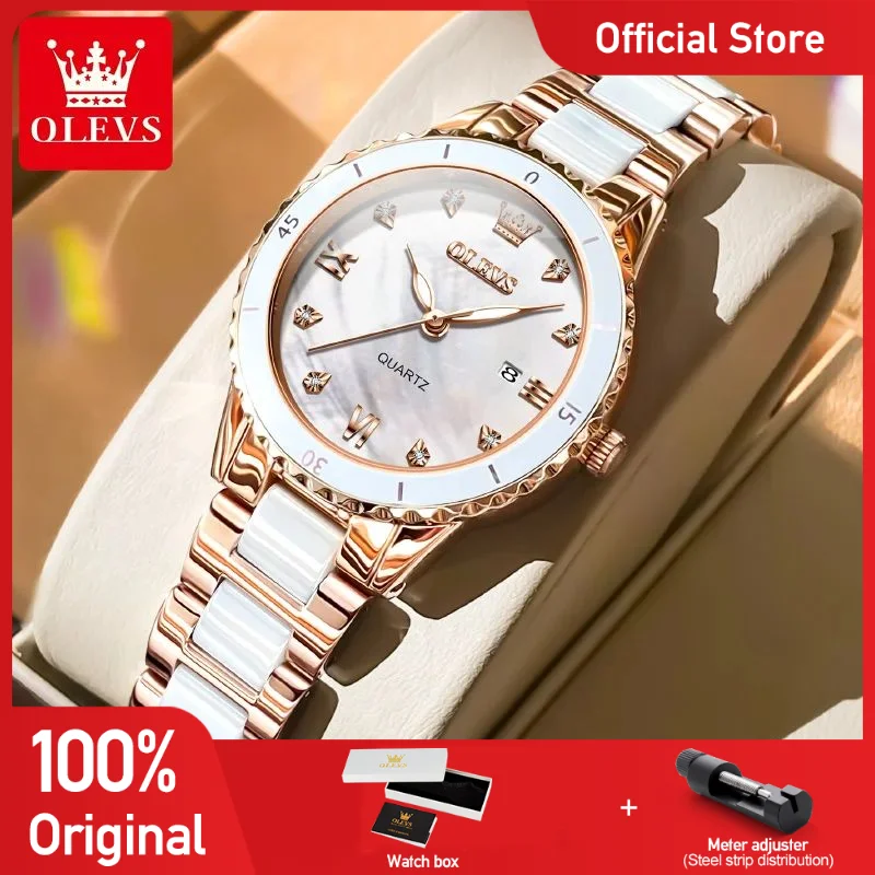 OLEVS 9985 Orologio da donna di lusso elegante cinturino in ceramica orologio da polso al quarzo impermeabile luminoso orologio da donna con data set regalo