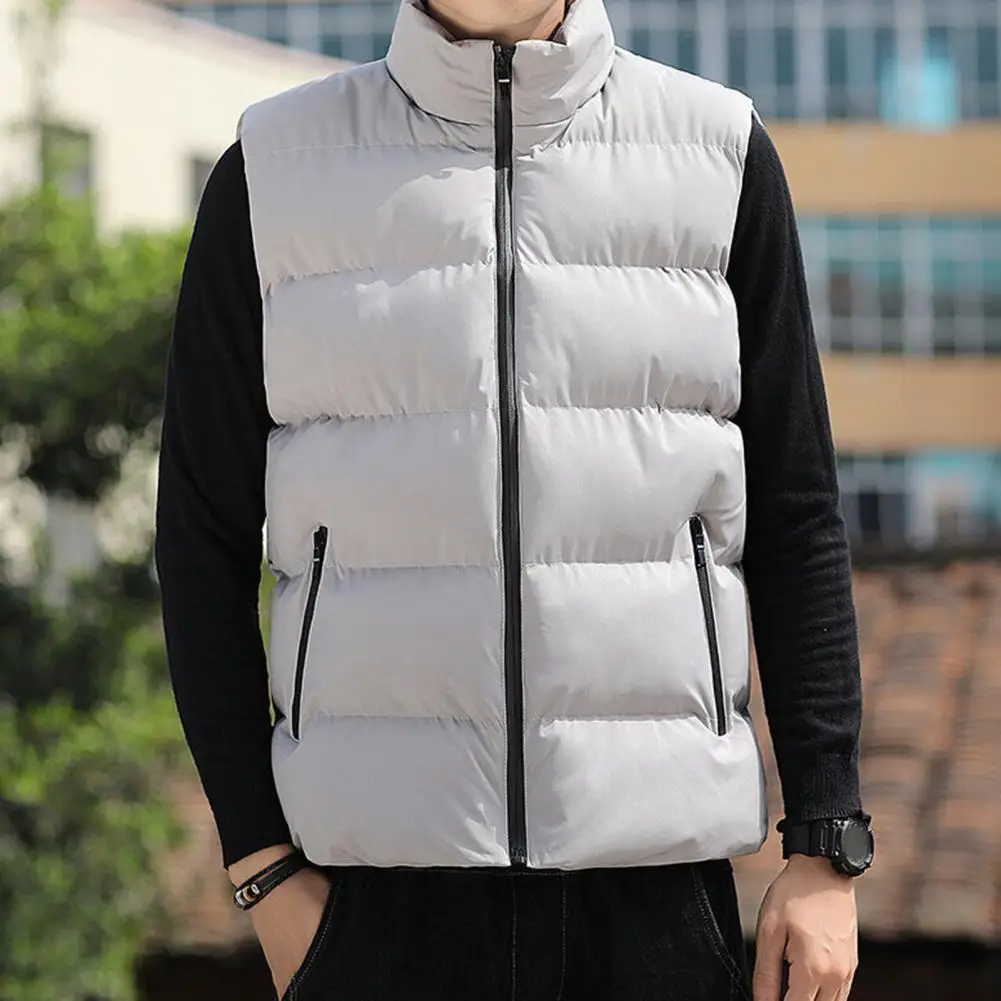 Soft Men Sports Vest Men's Quilted Cotton Waistcoat with Stand Collar Zipper Placket Autumn Winter Sleeveless Jacket for Cold