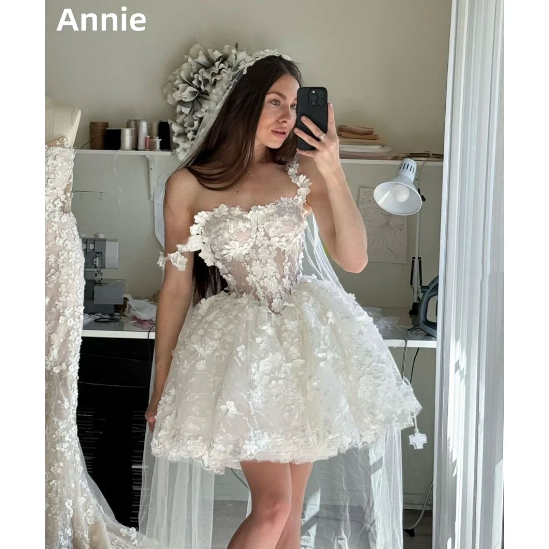 

Annie Sweetheart Белое свадебное платье 3D Цветочные бретельки Пром платья Сказочные короткие стильные платья на заказ