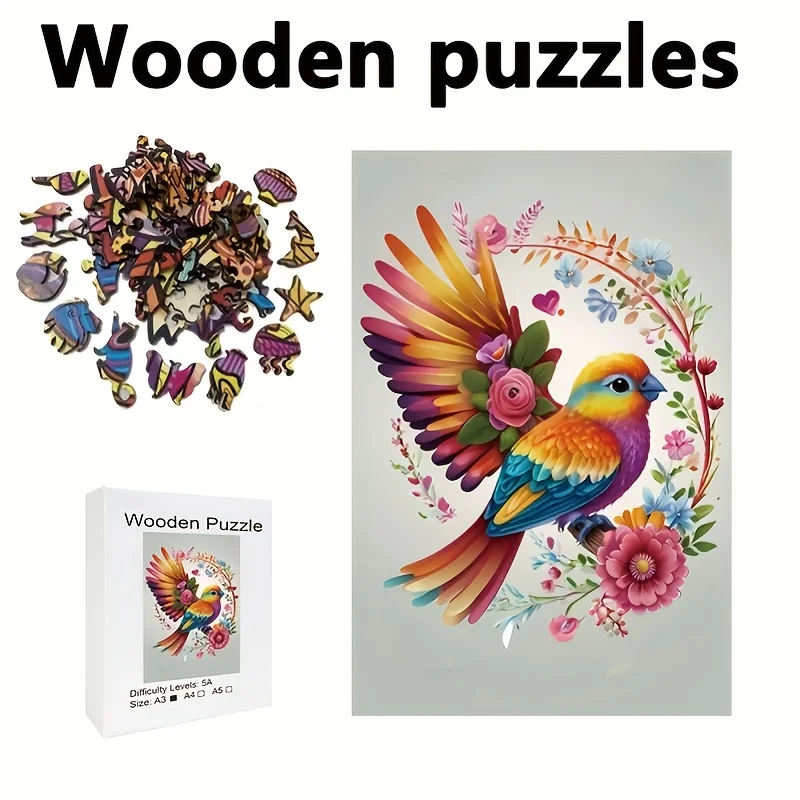 Rompecabezas de madera Flying Bird: formas irregulares únicas, obras de arte coloridas con diseño floral y aviador, rompecabezas para publicidad