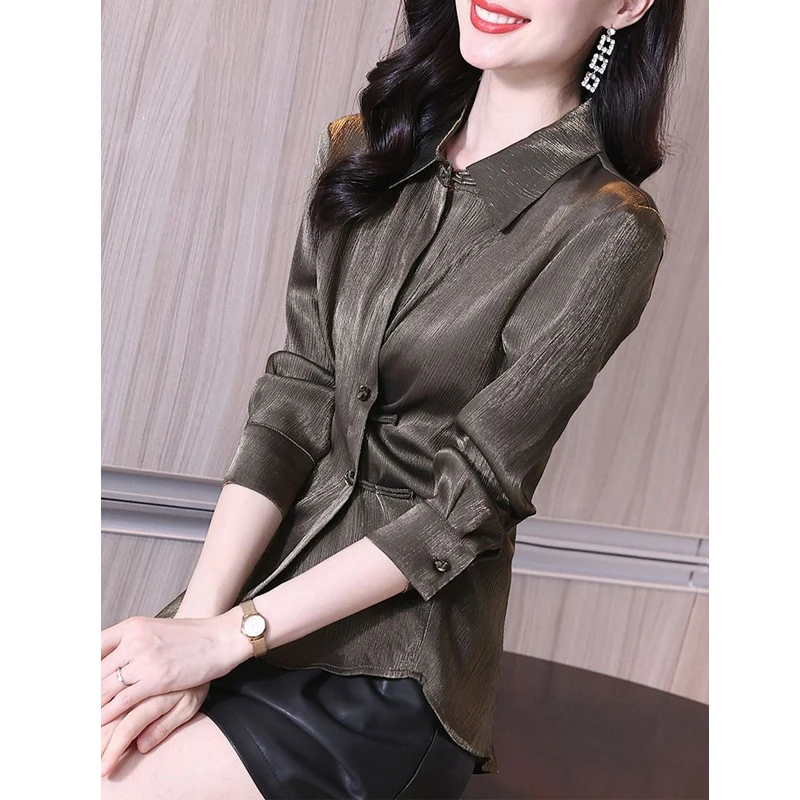 Women Vintage Fashion Elegant Asymmetrical Shirts Spring Autumn Office Lady Business Casual Blouse Long Sleeve Slim Tops Blusas