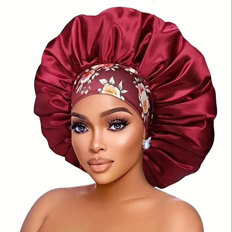 Extra Large Silky Satin Hair Bonnet For Women Thick Hair Sleep Cap Elastic Band Beanie African Headwrap Flower Turban Chemo Caps