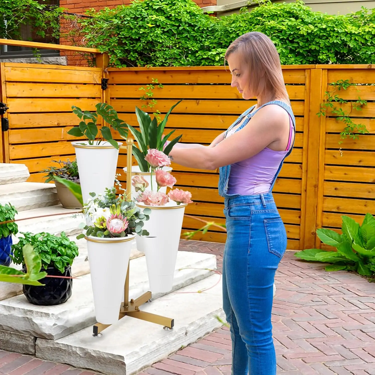 

Flower Display Stand with 4 Bucket,Floral Stand with Foldable Frame for Silk Fresh Flowers,4 Tier Florist Shelf Plant Cart