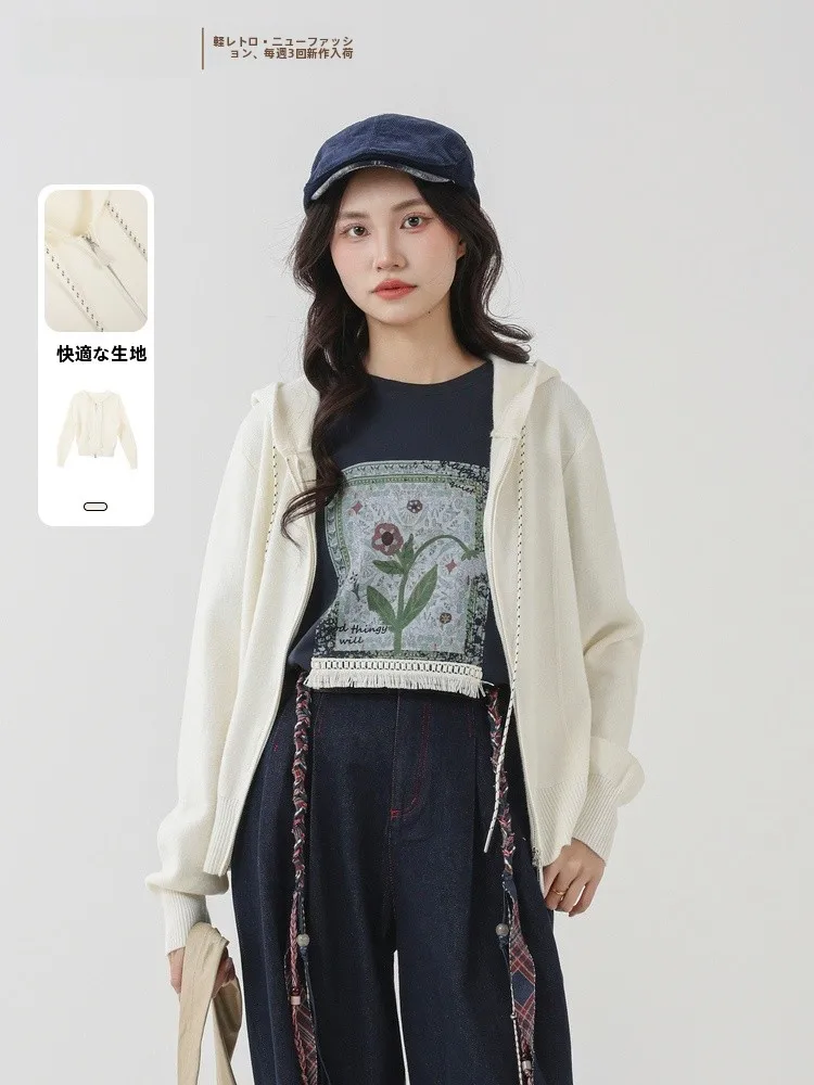 

Модный повседневный кардиган с капюшоном, весна 2026, новинка, Memory Start Point, элегантный свободный крой, на молнии