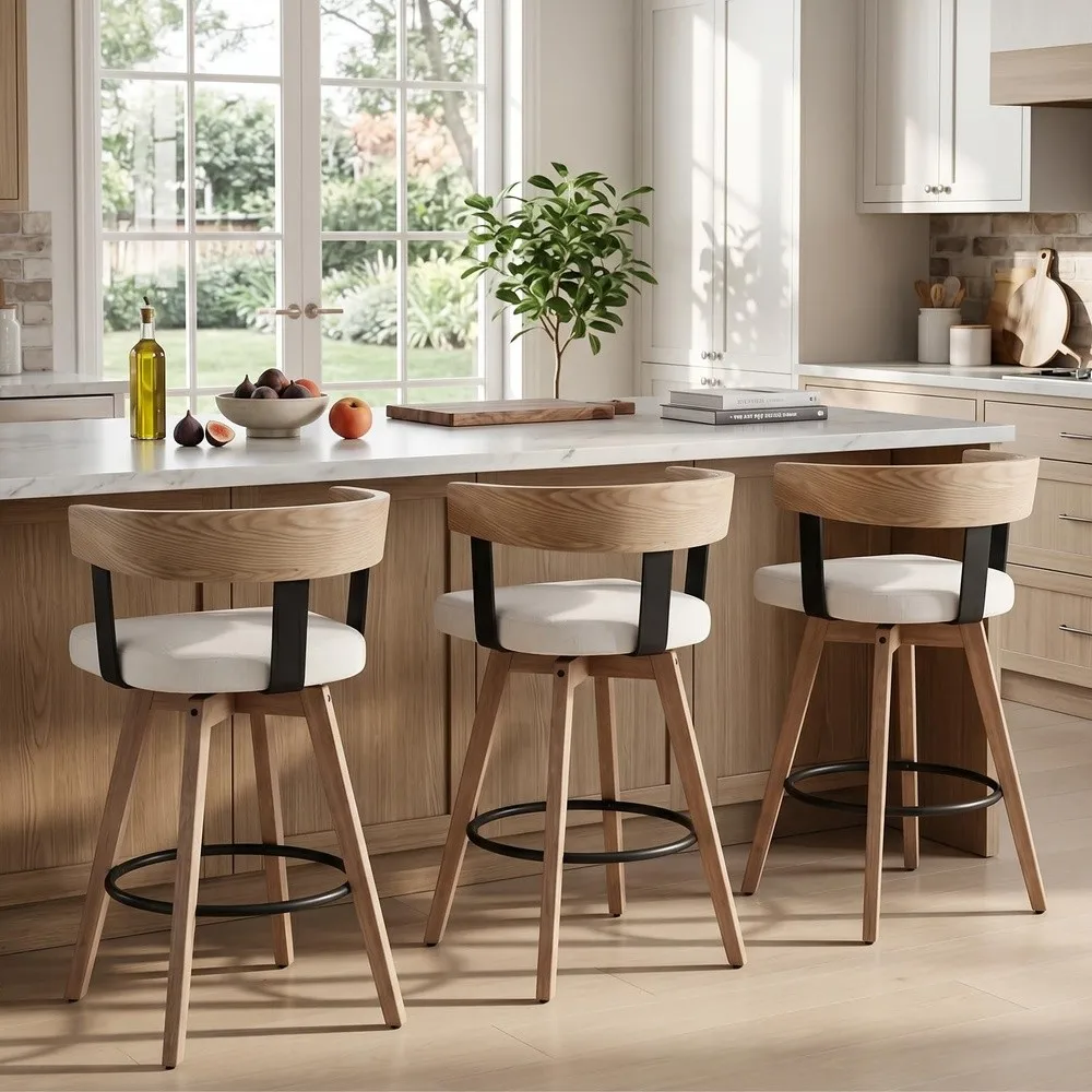 Mid Century Bar Stools Set of 3 26 Inch Swivel Counter Height Stools Linen Fabric Barstools with Barrel Backrest Wooden