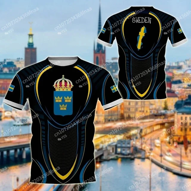 

2024 New 3D Printing Men's T-shirt Swedish Flag Color National Emblem Printing Men's Summer Short Sleeve Commemorative Shirt