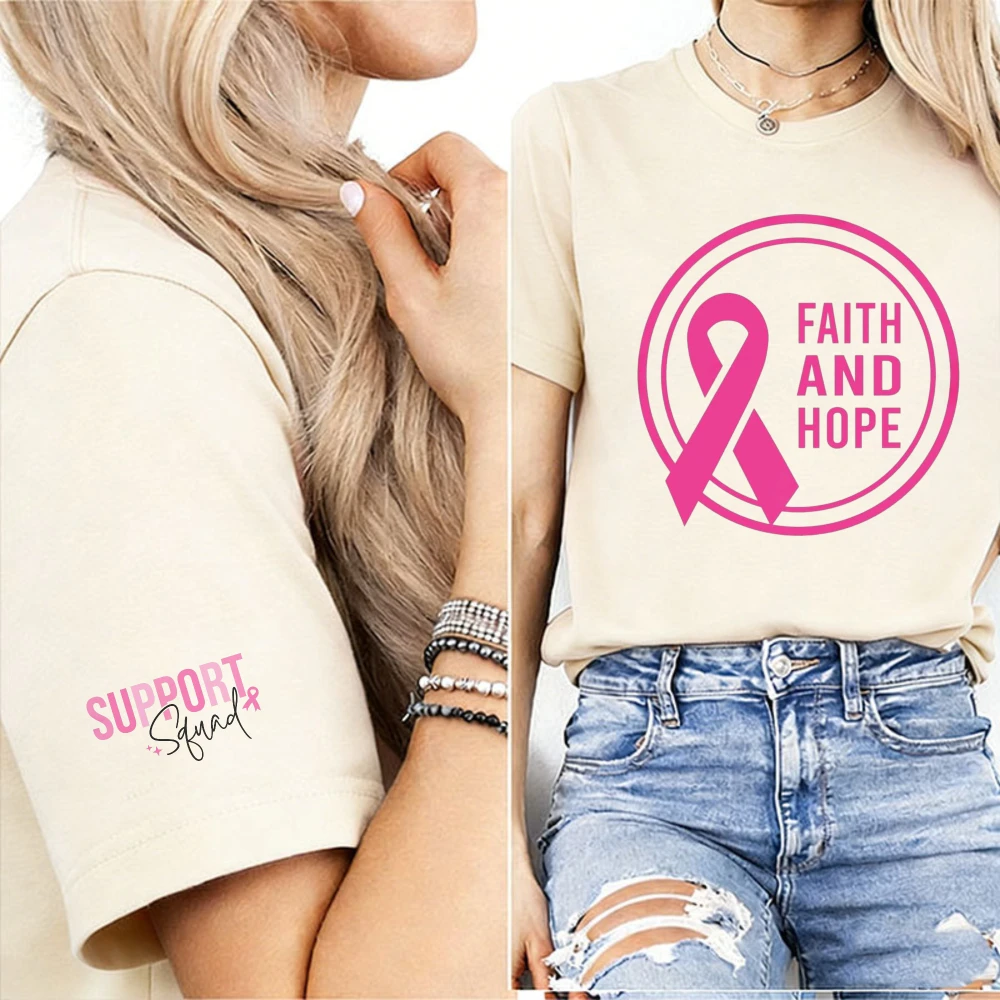 Faith and Hope Pink Ribbon Circle Women T-Shirt Support Squad Cuff Graphic Breast Cancer Support Inspirational Daily Wear Tees