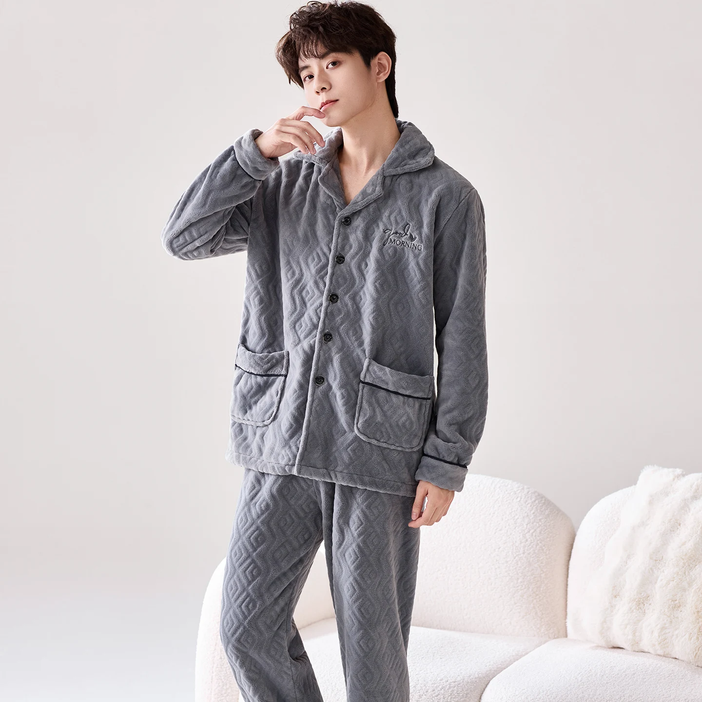 Coral Fleece Button Cardigan Pajamas Winter Men Pyjamas Set Thick Warm Flannel Male Sleepwear Home Clothing Lapel Pajamas Suit