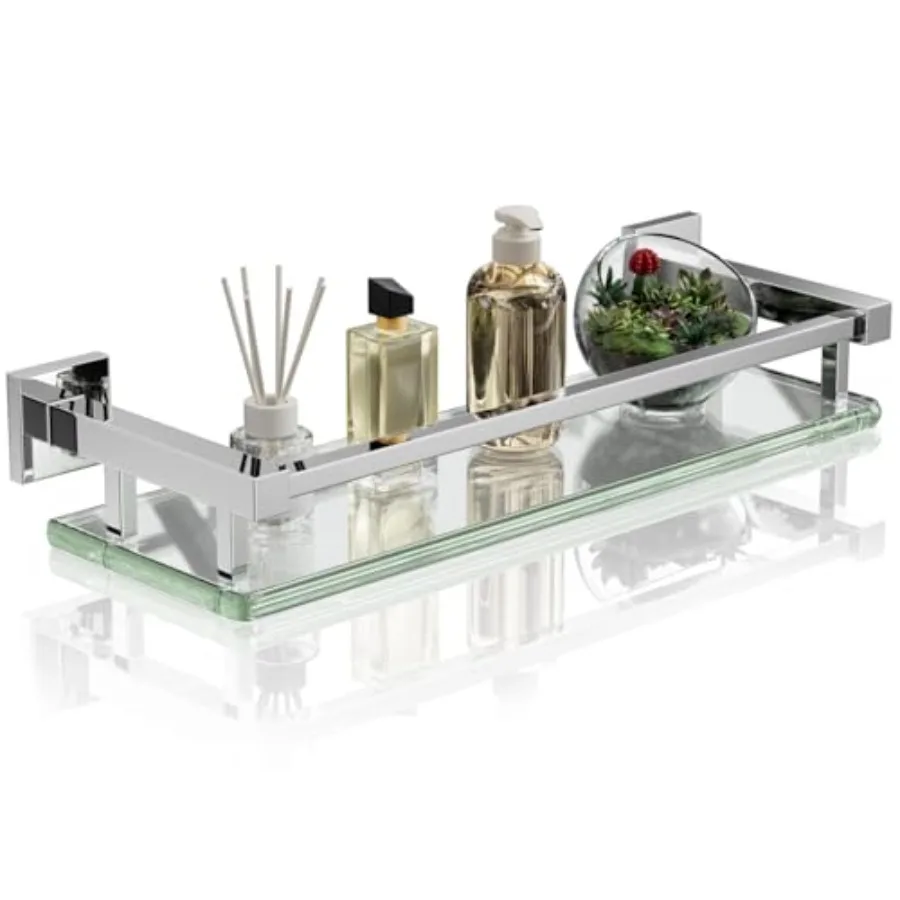 

Bathroom Glass Shelf with Stainless Steel Railing Polished Chrome Small Tempered Glass Floating Wall Shelf Over The Toilet 16 i