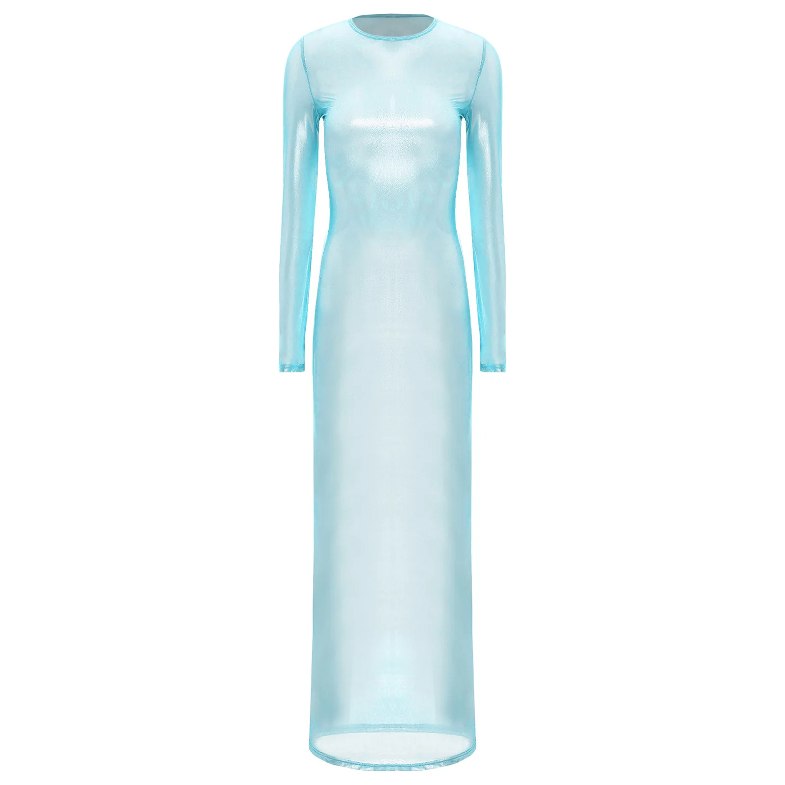 

Women Sexy Wrap Around Bodydon Maxi Dress Shiny See Through Long Sleeve Glossy Maxi Dress for Fun Party Club Bar Dancing Wear