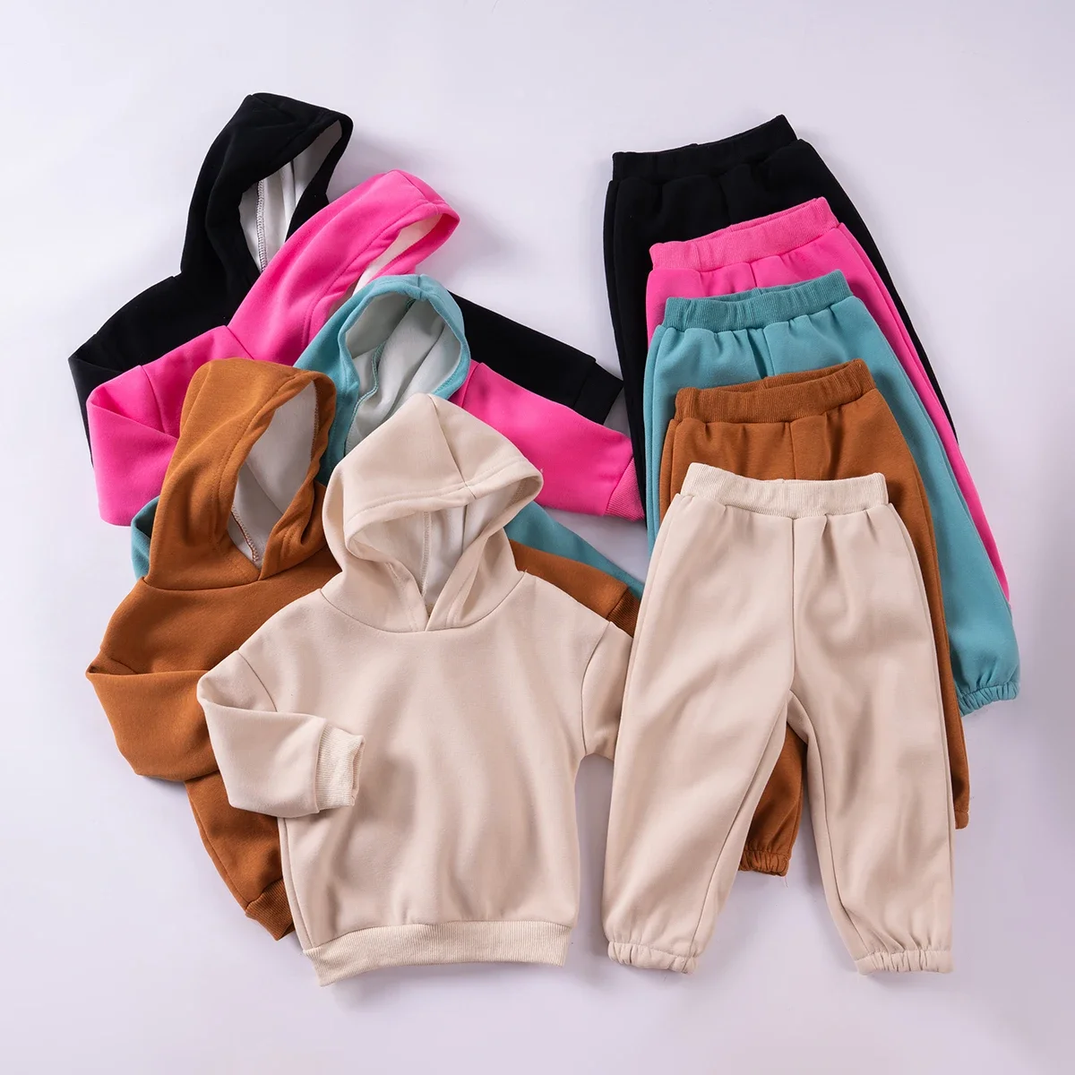 Winter Kids Casual Cotton Solid Color Hooded Long Sleeved Top+pants Fashionable Warm Suit,Boys and Girls Outdoor Sports Set