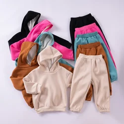 Winter Kids Casual Cotton Solid Color Hooded Long Sleeved Top+pants Fashionable Warm Suit,Boys and Girls Outdoor Sports Set