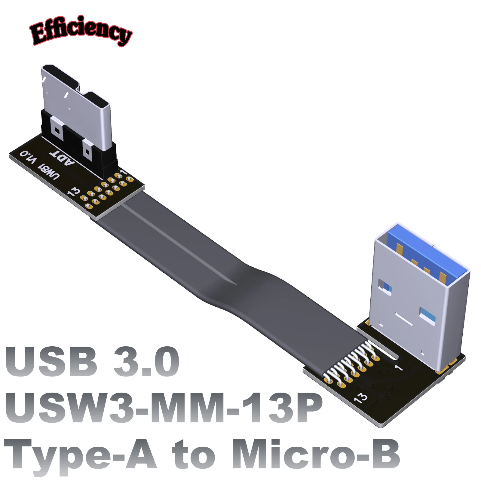 USB 3.0 macho para adaptador macho, fio fino plano, tipo-A, Micro-B, ângulo duplo, ADT, suporta OTG