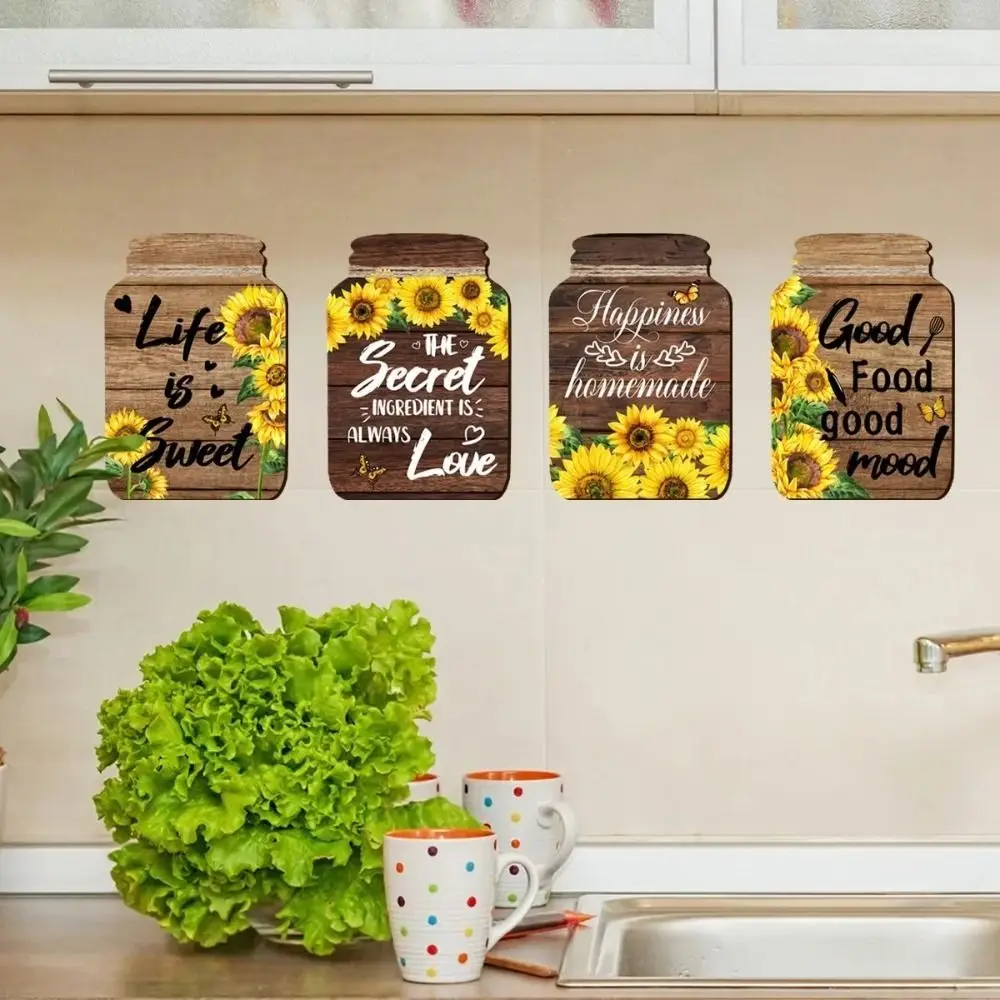 Self-Adhesive Sunflower Wall Sticker Rustic Inspirational English Decorative Painting Plaque Mason Jar Shape Wooden Signs