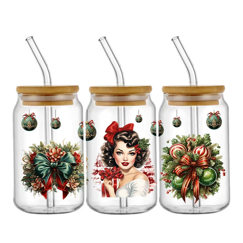 3D Christmas Tree Girl 16OZ UV DTF Cup Wraps Transfer Sticker For Glass Libbey Can Bottle Selfadhesive Washable DIY Custom