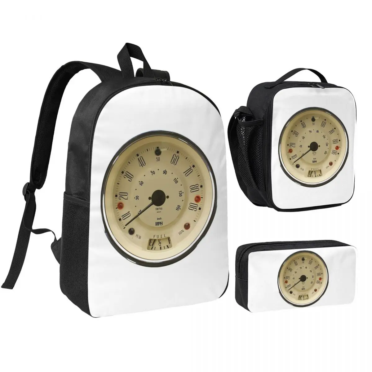 

Smiths 90mph Speedo - White Face Backpack Boys Girls BookBag School Bag Shoulder Bags 3ps Insulated Lunch Bag Pencil Case