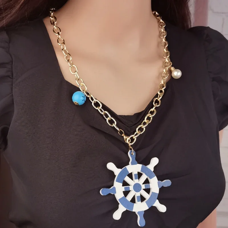 Vintage Handmade Wooden Ship Rudder Pendant Long Necklace for Women Vacation Jewelry