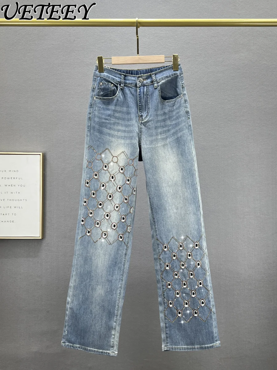 High Street Blue Denim Straight Pants Women's Summer 2024 New Hollow Out High Waist Jeans Loose Slimming Rhinestone Mop Pants