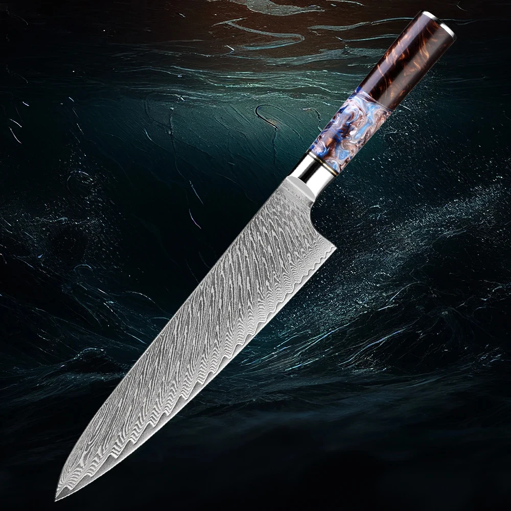 Premium Quality Damascus Steel Knife 8 Inch Kitchen Knife For Meat Fish Vegetable,Sea Blue Resin Handle Professional Chef Knives