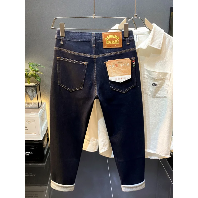 

Модные легкие роскошные классические синие повседневные мужские джинсы с прямыми штанинами, осень 2021, новые облегающие длинные брюки с маленькой ножкой
