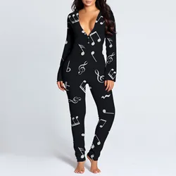 Women Sexy Pajama Jumpsuits Long Sleeve Button-down Daisy Print Functional Buttoned Flap Adults Overalls Long Onesies Rompers