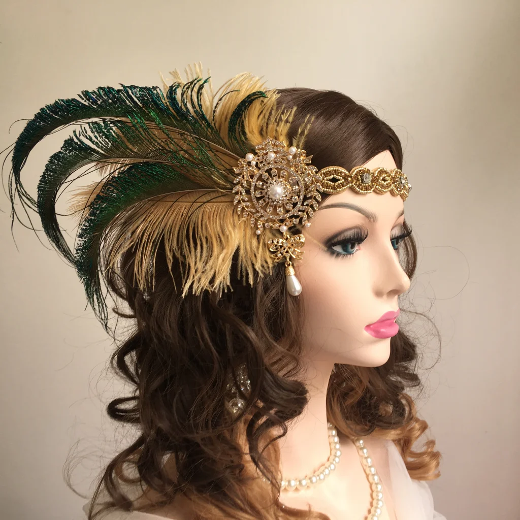 Feather Headband White Rhinestone Metal Chain 1920s Vintage Gatsby Party Headpiece For Party Carnival Accessories