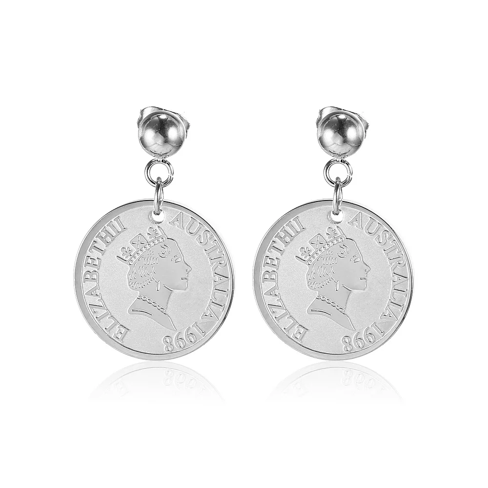 Stainless Steel Queen Elizabeth Coin Disc Gold Plated Drop Earrings Women Girls Jewelry