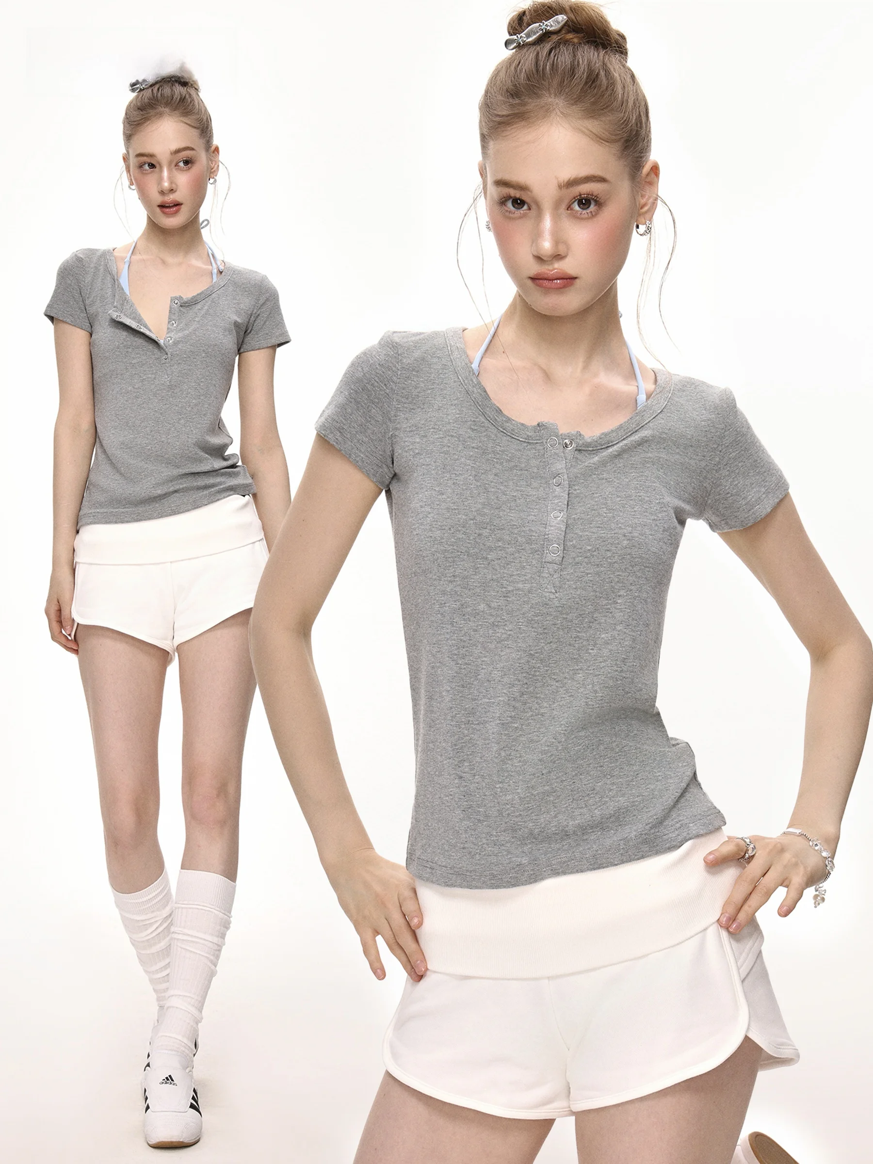 November Henry Collar Short Sleeve T-Shirt Women Summer American Hot Girl Slim Fit Half Open Collar Short Shoulder Straight S...