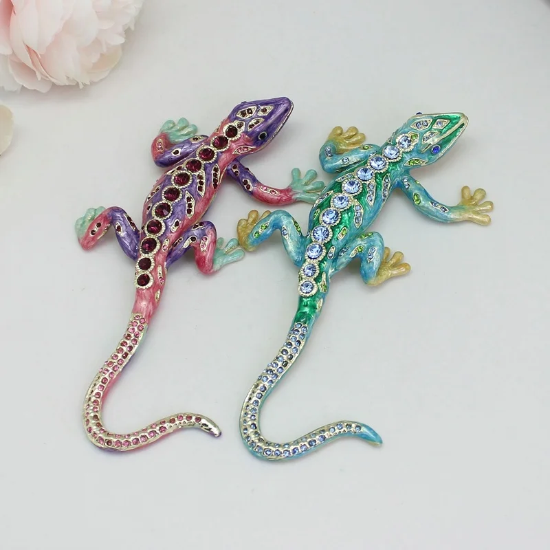 SHINNYGIFTS 100% Handmade Pewter Enamel Metal Crafts Gecko decorative box Metal Trinket Boxes