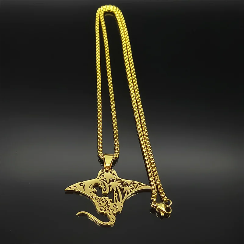 Nette Manta Ray Meer Teufel Fisch Anhänger Halskette Für Frauen Männer Edelstahl Gold Silber Farbe Kokospalme Natur Kette Schmuck – Detail 7