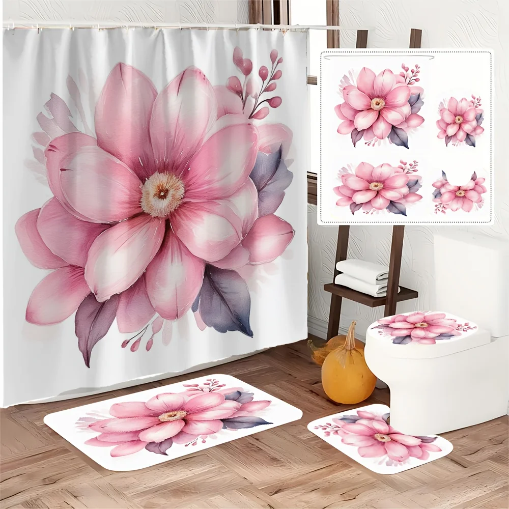 

4pc Pink floral watercolor bathroom set, polyester fabric, includes bathroom mat, U-shaped mat, toilet mat, and shower curtain.