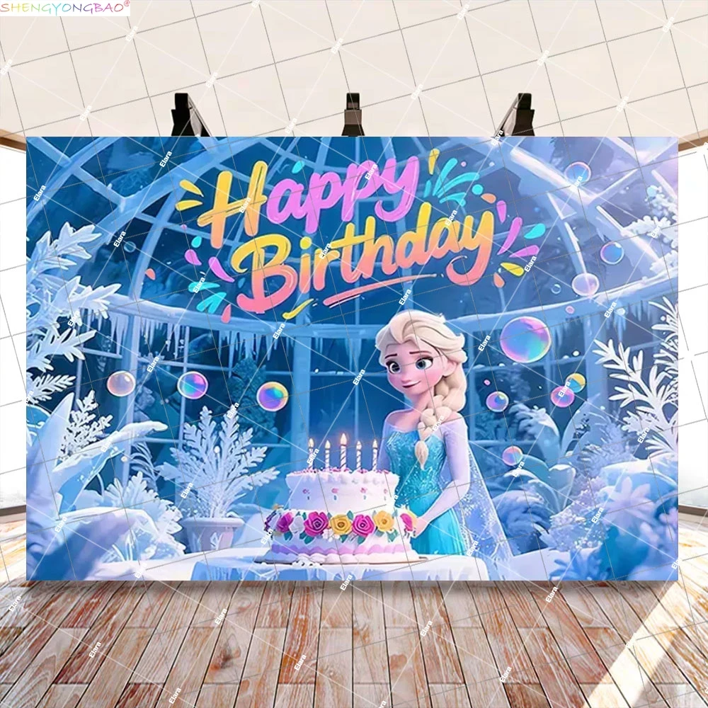 

Disney Anna Elsa Princess Background Cake Happy Birthday Party Scene Kids Girls Baby Shower Photography Backdrops FZ-10