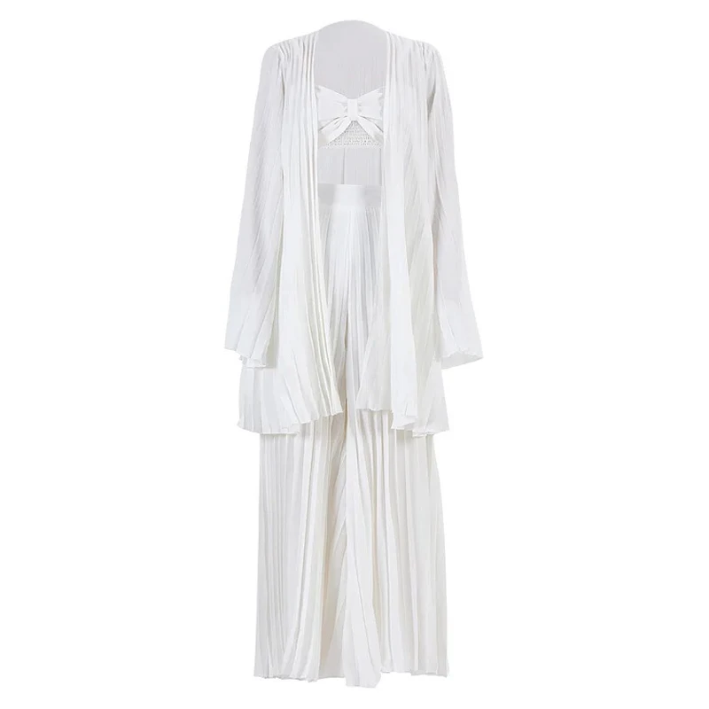 ชุดลำลองสำหรับผู้หญิง สไตล์วันหยุด แฟชั่นไฮสตรีท ชุดจีบสีขาว เสื้อคลุมแขนยาว+เสื้อชั้นใน+กางเกงขายาวทรงกว้าง ชุดเซ็ต 3 ชิ้น