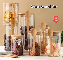 Glass Sealed Jars Seasoning Jars Set with Wooden Spoon and Wooden Lid Seasoning Jars Candy Household Containers Storage Jars