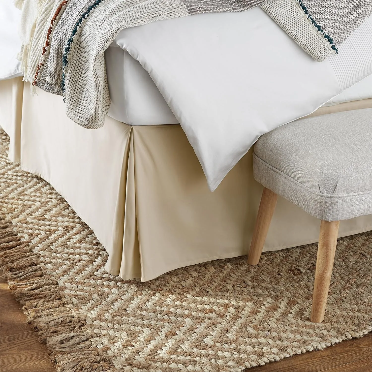 

King Bed Skirt Pleated Lightweight, Machine Washable Wrinkle Resistant Beige, Elegant Bedroom Upgrade