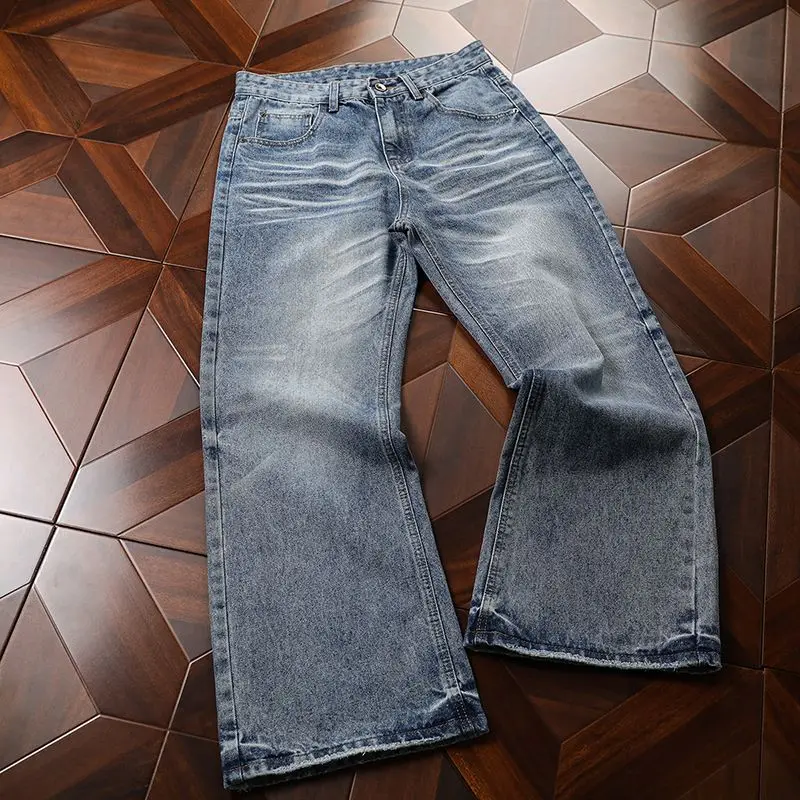 Spring Summer Men's Loose Straight High-end Jeans Vintage Washed Casual Daily Wear Micro-flared Trousers Comfortable Versatile
