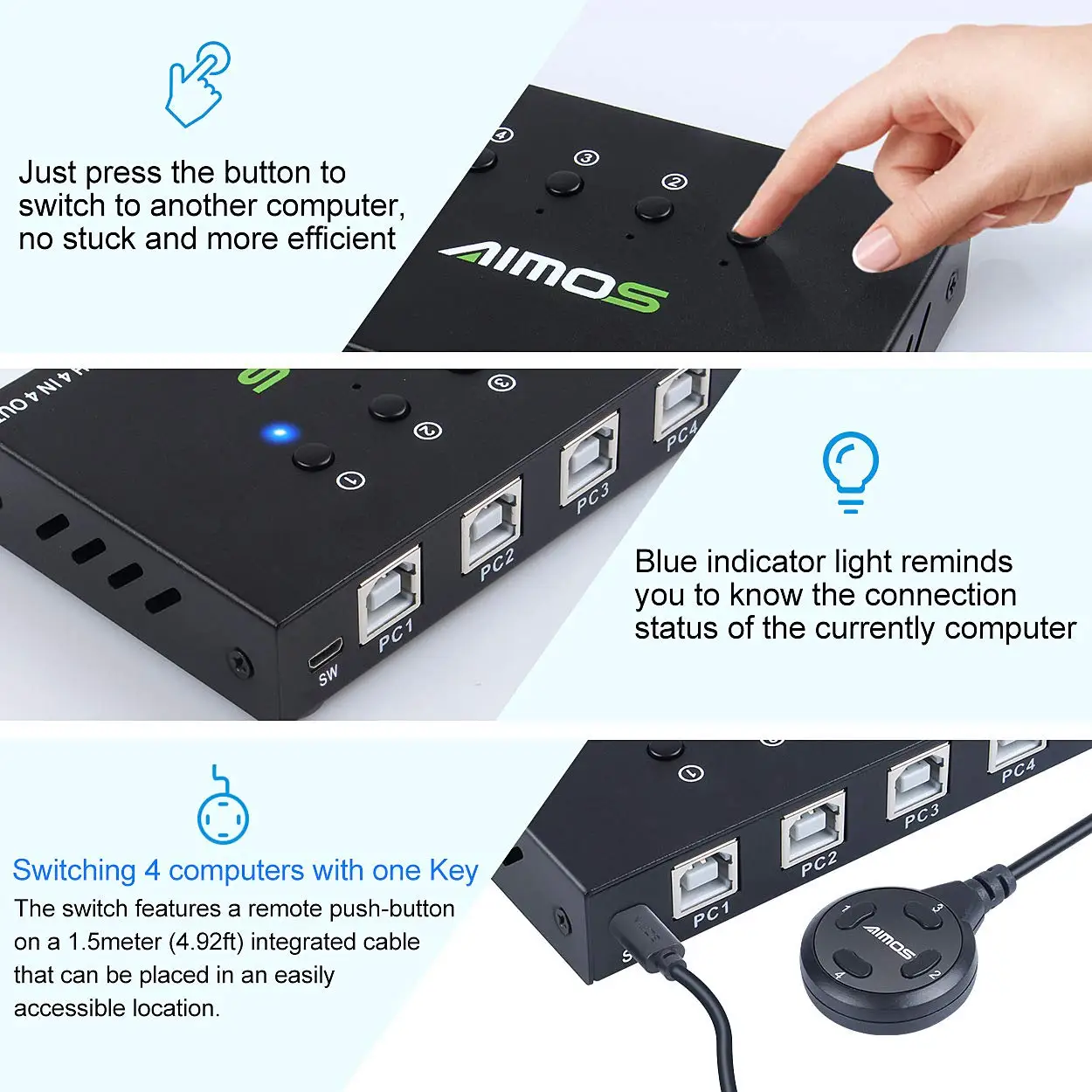 Imagem -04 - Aimos-usb Kvm Switch Portas Computadores Compartilhando Dispositivos Usb Troca de um Botão para Compartilhar Mouse Teclado Impressora Scanner