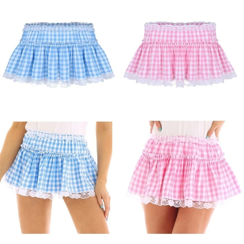 Womens Elastic Low Waist Pleated A Line Mini Skirt Ruffle Lace Trim Plaids Print Short Skirt Maid Lingerie Costume