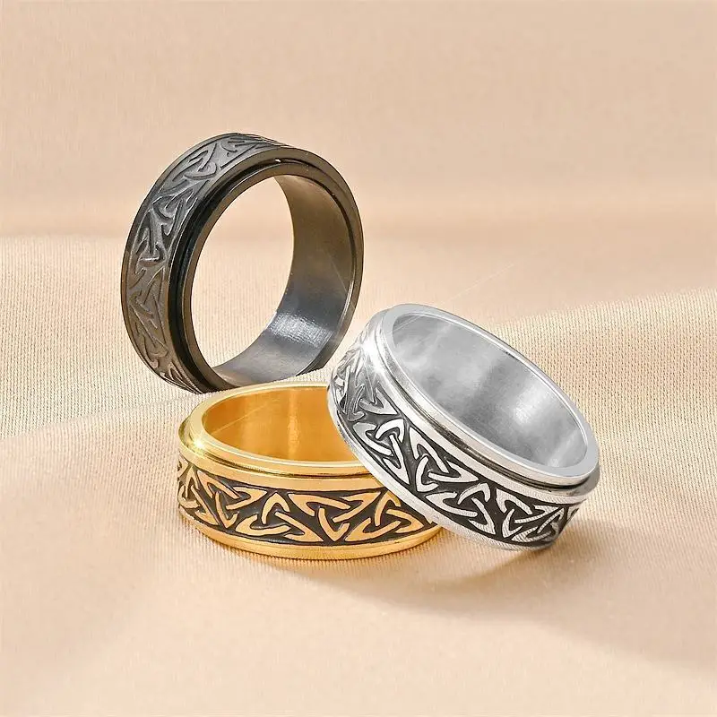 

10 Pieces Stainless Steel Triangular Pattern Rotating Decompression Ring Jewelry Fashion Jewelry for Men