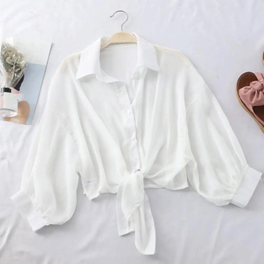 Lady Shirts Chic Sun Protection Casual Women Coat Tie Waist Summer Blouses  Casual Solid Color Summer Blouses for Shopping