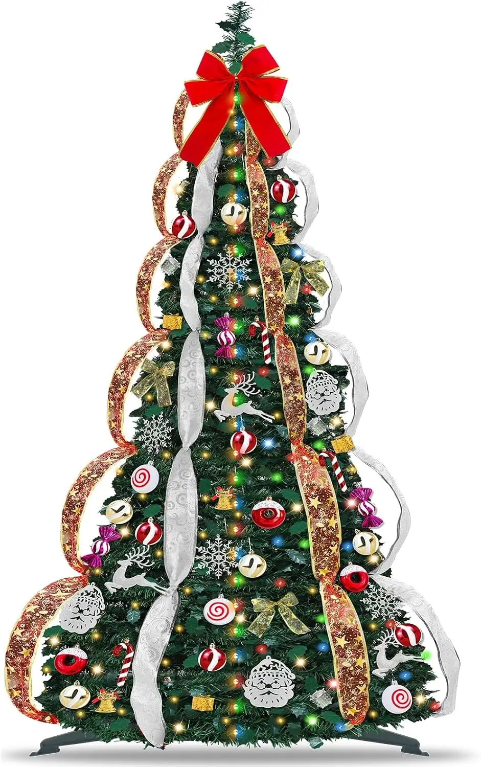 6 FT Prelit Pop Up Christmas Tree with 200 Warm White & Multicolor Lights 8 Modes & Timer Fully Decorated 103 Ornaments, Collaps