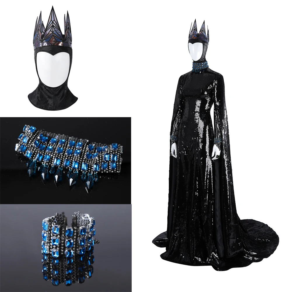 

High-end felman Snow White Evil Queen Cosplay Costume Fantasy Black Long Dress Crown Halloween Carnival Suit Gift