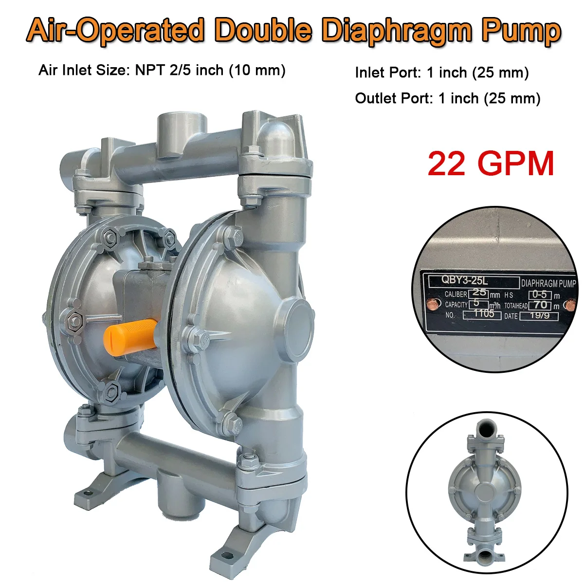 مضخة غشاء 22GPM تعمل بالهواء المضغوط مزدوجة الحجاب الحاجز الألومنيوم 100 PSI + 1 بوصة مدخل/مخرج مضخة ماكس معدل التدفق 5 m3/ساعة