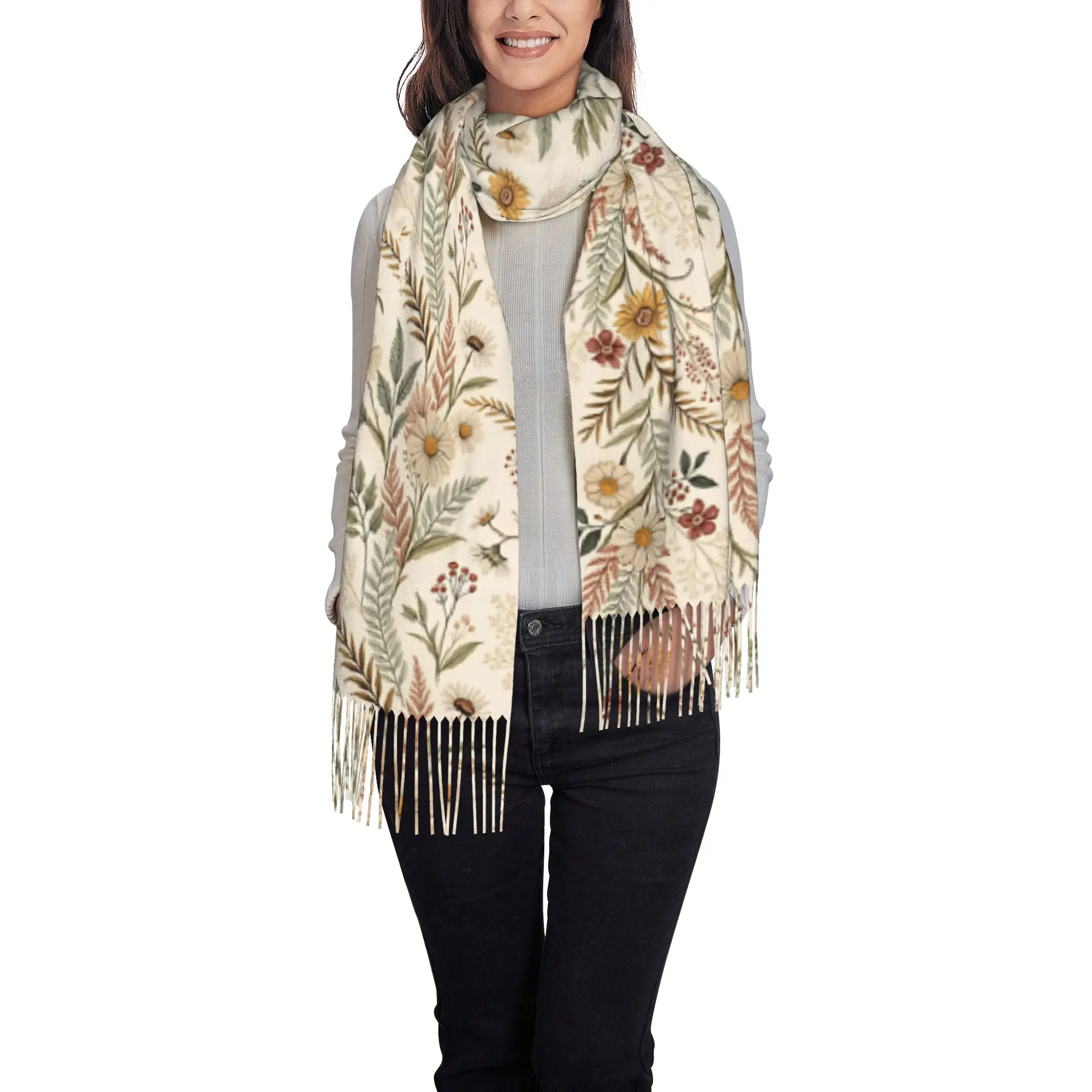 Custom Neutral Earth Tone Vintage Wild Daisy Floral  Tassel Scarf Women Winter Warm Shawls Wraps Lady  Scarves